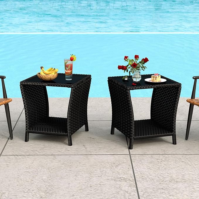 kinbor Small Outdoor Table - Set of 2 Tempered Glass Top Small Outdoor Wicker Side Table with Storage Shelf for Patio, Balcony & Porch, Durable PE Rattan & Iron Frame