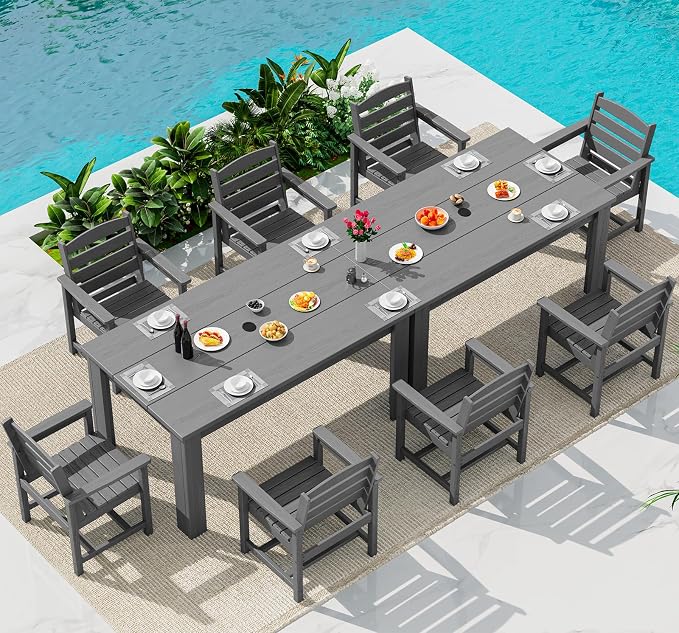 SERWALL Outdoor Dining Set for 8, w/ 2 Tables & 8 Armchairs, Gray | All Weather Resistant HDPE Dining Sets for Patio, Garden, Backyard