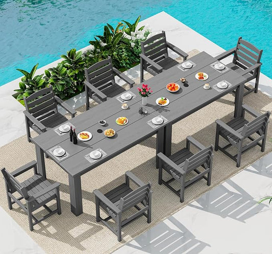 SERWALL Outdoor Dining Set for 8, w/ 2 Tables & 8 Armchairs, Gray | All Weather Resistant HDPE Dining Sets for Patio, Garden, Backyard