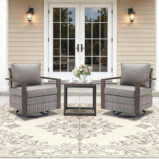 3 Pieces Patio Sofa Set with Metal Arm, High Back Wicker Sectional Outdoor Sofa with Ottomans, Outdoor Seating Furniture High Back Conversation Set for Balcony Deck Porch Backyard, Grey/Grey