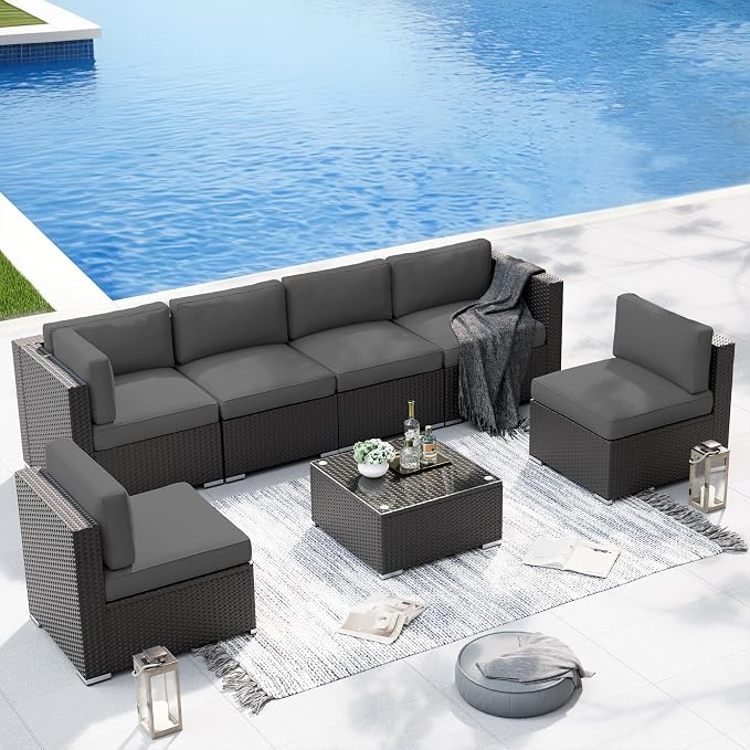 SOLAURA 7 Pieces Outdoor Patio Furniture Set, Black Brown Rattan Outdoor Patio Sectional Conversation Set, Modular Sofa Set with Coffee Table, Grey (Include Sofa Cover)
