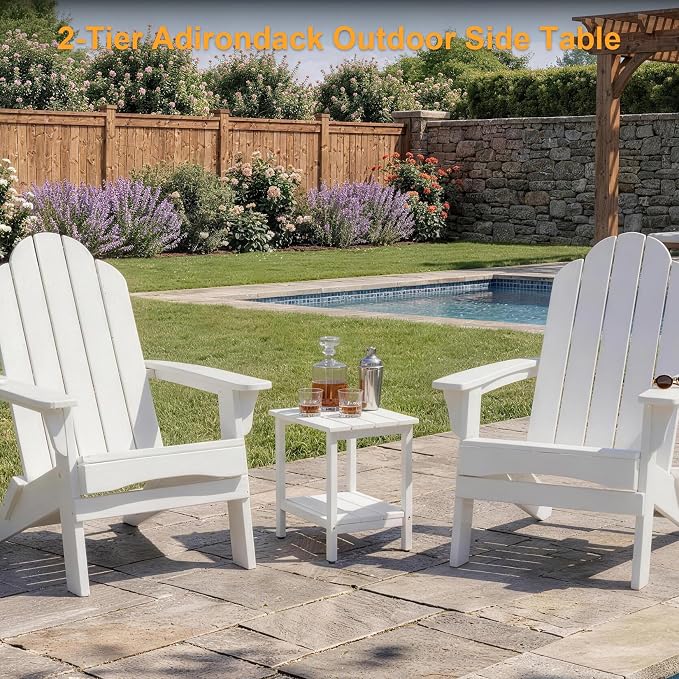 Outdoor Side Table, Small Square Patio Side Table with Adjustable Feet, All-Weather HDPE Adirondack End Tables for Porch Deck Balcony Pool, 2-Tier Storage, Easy Maintenance, White