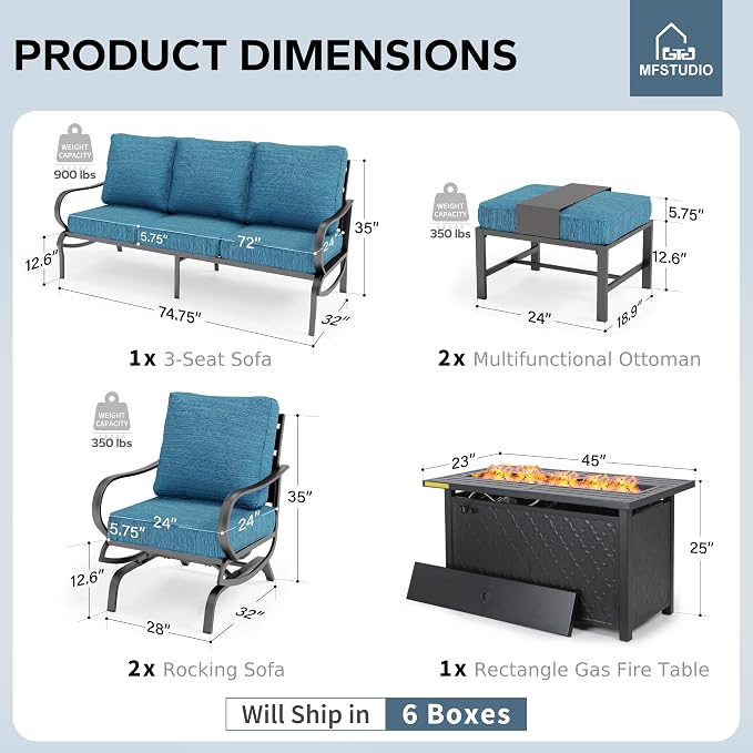 MFSTUDIO 6 Pieces Patio Furniture Sets with 45" Gas Fire Pit Table(Up to 7 Seat), Metal Frame Outdoor Conversation Sofas with 1 x 3-Seat Sofa, 2 Rocking Chairs and 2 Ottoman, Peacock Blue Cushion