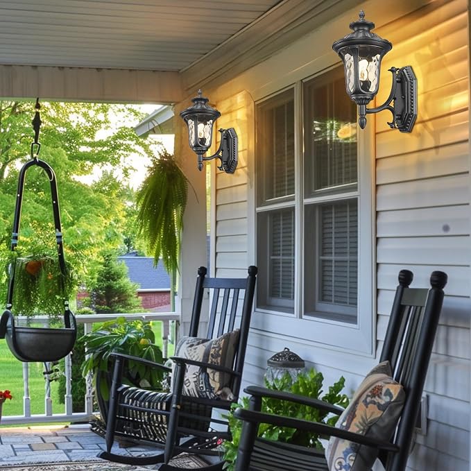 Outdoor Light Fixtures Wall Mount, Waterproof Exterior Wall Lanterns with Waer Ripple Glass, Outside Sconces, Front Porch Lights for House Garage Doorway Patio, 15'' Small Black