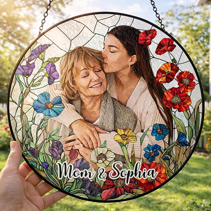 Custom Photo Stained Glass Window Hanging Suncatcher - Personalized Floral Keepsake Heartfelt Decoration for Home - Mother's Day, Father's Day, Birthday Gift for Mom, Dad, Grandma