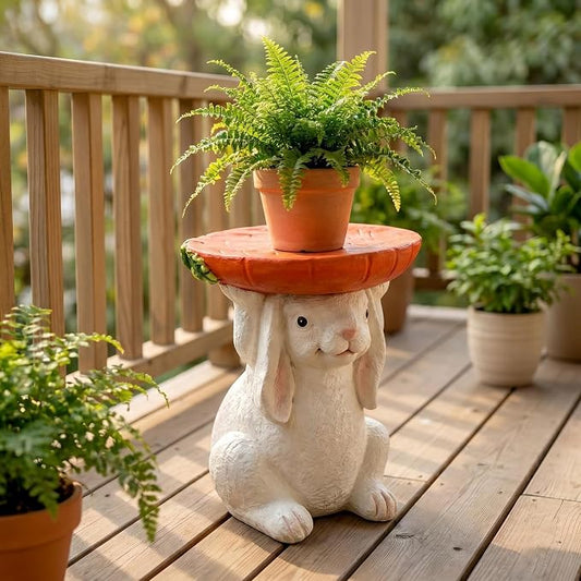 13.4 Inch Tall Bunny Side Table Garden Decor | Outdoor Resin Rabbit Statue, Plant Stand, Whimsical Carrot Tray End Table, For Kids Nursery Room Patio Yard