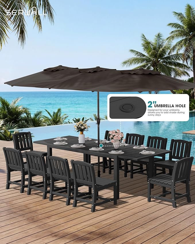 SERWALL Outdoor Patio Dining Set for 6, Black | 60" - 83" Expandable Outdoor Dining Table and 6 HDPE Chairs, All Weather Material Outdoor Furniture Set Backyard, Garden