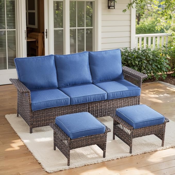 Patio Conversation Set: Wicker Sofa with 2 Rattan Ottomans, Blue Cushions, 3pcs for Patio, Garden, Balcony, Sunroom, Backyard, Deck, Poolside