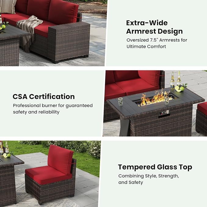 Soohow 7-Piece Patio Furniture Set with 44" Fire Pit Table, Outdoor Sectional Wicker Rattan Conversation Set for Garden, Porch, Backyard - Wine Cushions