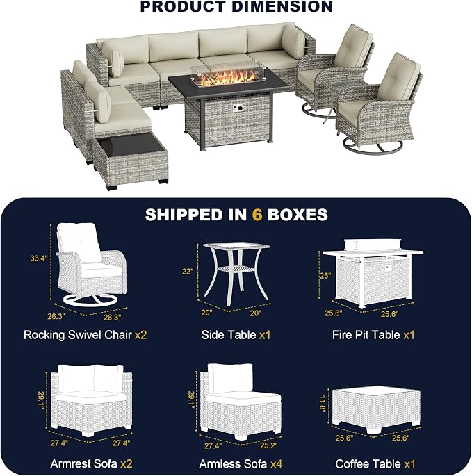 11-Piece Outdoor Patio Furniture Set with Rocking Swivel Chair, Wicker Rattan Sectional Sofa Conversation Set with 55,000 BTU Fire Pit Table, Backyard Furniture, Beige