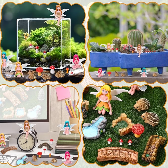 28Pcs Fairy Garden Accessories, Miniature Garden Ornaments Landscape Decorations Mini Fairy Figures Animal Plant Set for Outdoor DIY Terrarium Potted Plants Dollhouse Desk Decor