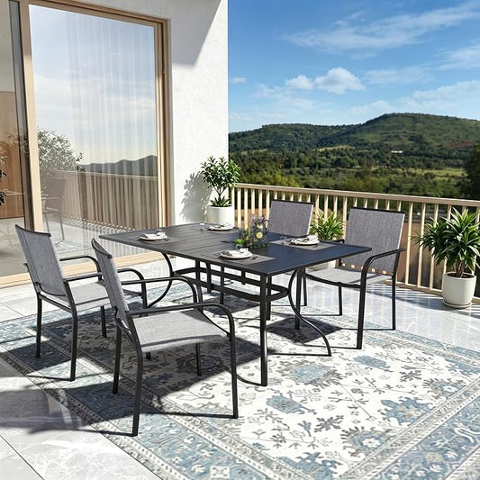 Outdoor Patio Dining Set of 5 with Gray Stacking Chairs,63" Rectangle Table | Stackable Chairs, Metal Rectangle Table, Slat Table Top, 4 or 6 Person Use, All Weather, Textilene fabric Seat and Back