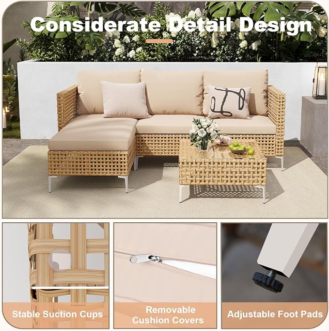 3 Pieces Small Patio Furniture Set,Wicker Chaise Longue Conversation Set, Rattan L-Shaped Sofa Couch with Coffee Table for Deck Porch Balcony and Garden