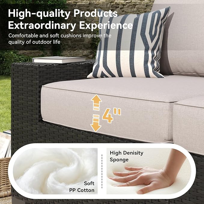Aoxun Patio Furniture Set, 6 Pcs Outdoor Patio Furniture Sets with 4in Thicken Cushion, Widen Armrests Wicker Outdoor Sectional for Backyard, Grey