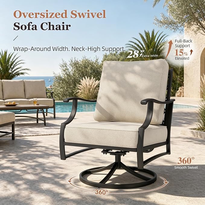 HERA'S HOUSE 7 Piece Patio Furniture Set, 2 x Swivel Chair, 2 x Fixed Chair, 2 x Ottoman, 1 x 3-Seat Sofa, All Cushioned Outdoor Conversation Set for Lawn Garden Backyard, Grey