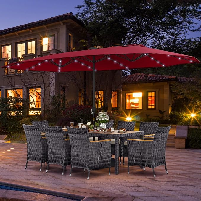 Tangkula 11 Pieces Patio Dining Set with 15 ft Double-Sided Patio LED Umbrella (Base Included), Outdoor Rattan Furniture Set with 8 Armchairs, 1 Rectangular Acacia Wood Dining Table (Wine)