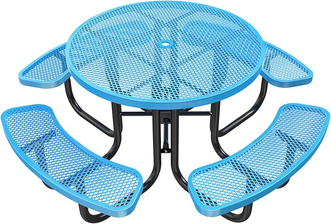 46IN Round Outdoor Picnic Table with Attached Seats, Heavy-Duty Metal Expanded Mesh Patio Table, 1600LBS Load Capacity Commercial-Grade Table for Park, Backyard, Deck, Blue