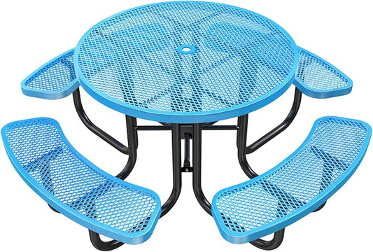 46IN Round Outdoor Picnic Table with Attached Seats, Heavy-Duty Metal Expanded Mesh Patio Table, 1600LBS Load Capacity Commercial-Grade Table for Park, Backyard, Deck, Blue