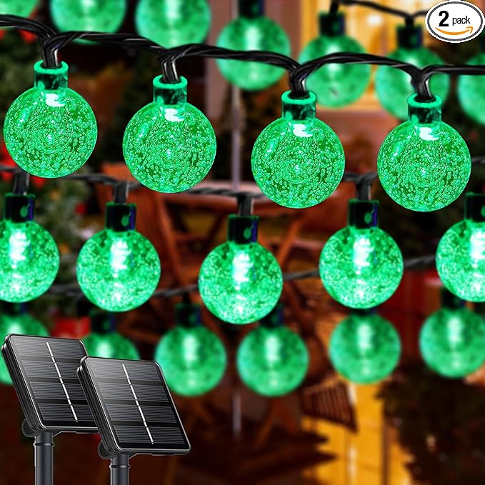 LORRYTE Solar String Lights Outdoor 2 Pack 64FT 100 LED Green Patio Lights | Crystal Globe, IP65 Waterproof, Auto On/Off, 8 Modes Solar Powered Light for Outside Halloween Party Garden Yard Decorations