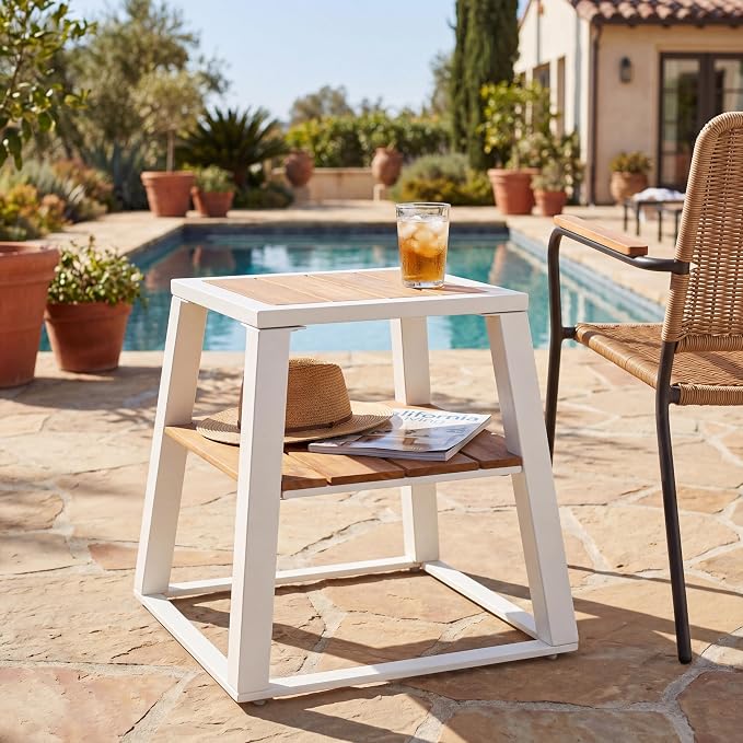 Outdoor Side Table, 2-Tier Acacia Wood End Table with White Iron Frame, Weather-Resistant Patio Side Table with Storage Shelf, Teak Finish, 30 lbs Capacity, White