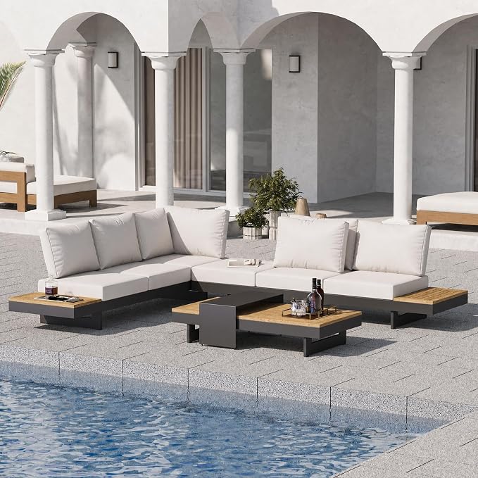 homary 6 Piece Aluminum & Teak Outdoor Sofa Set, Patio Sofa Seat L-Shaped Outdoor Sectional Sofa Set with Adjustable Backrests, Waterproof, Fade Resistant Cushions Ideal for Patios & Balconies,Beige
