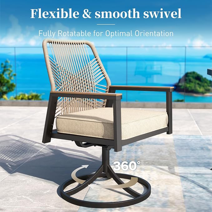 Patio Dining Set 9 Piece, 8 x Woven Rattan Swivel Chairs with Waterproof Cushion, 57.5" Square Wood-Like Metal Table with Umbrella Hole, Outdoor Table and Chairs Set for Backyard Lawn and Deck, Beige