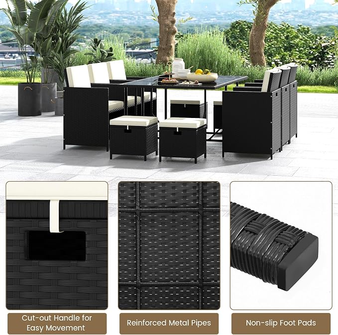 Tangkula 11 Pieces Patio Dining Set, Space-Saving Wicker Chairs & Tempered Glass Table with Ottomans, Thick Soft Cushions, Outdoor Conversation Furniture Set for Garden Yard Poolside