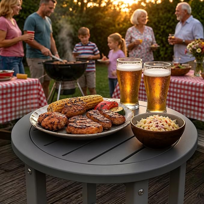 Small Outdoor Side Table 15.94" HDPE Round Adirondack End Table | Storage Shelf, Plant Stand, Weather Resistant, Easy to Clean & Use, Not prone to fading, for Patio, Backyard, Deck, Gray