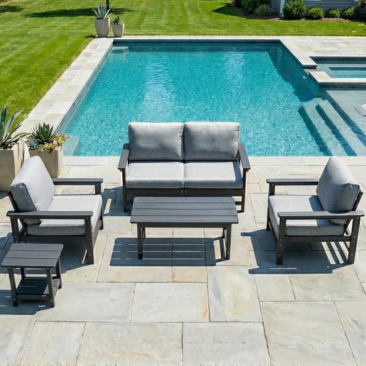 HDPE Outdoor Patio Furniture Set, 6-Piece Sofa Set with Loveseat Couch, 2 Armchairs,Side Table & Coffee Table, Weatherproof Conversation Set with Cushions,for Garden, Porch & Backyard