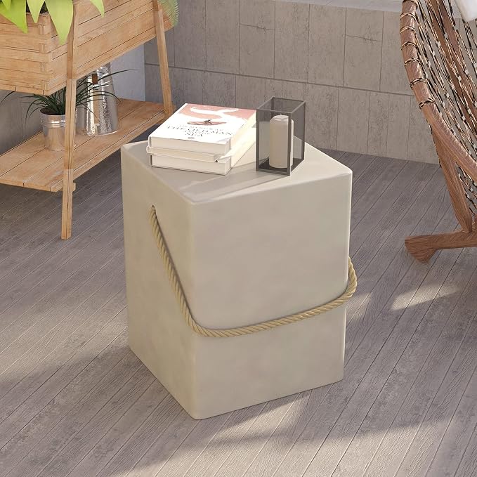 HOMPUS Outdoor Side Table Set of 2, 2 Pieces Patio Concrete Natural End Table w Hemp Rope Handle, Square Accent Table Set, Small Coffee MgO Table for Garden, Porch and Deck, Light Grey