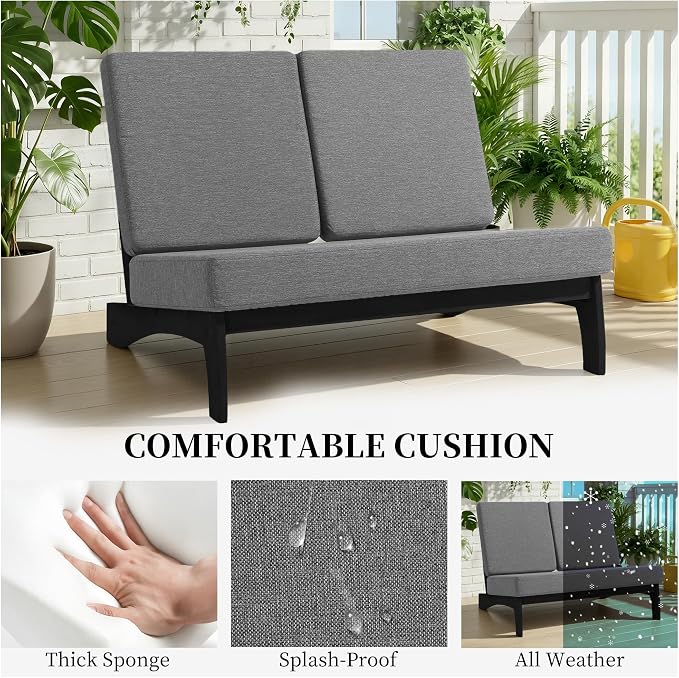 5 Pieces All Weather Black Wood Patio Furniture Sets, 2 Patio Loveseat, 2 Patio Bistro Chair, Outdoor Sectional Sofa Furniture Backyard Conversation Set with Coffee Table - Gray