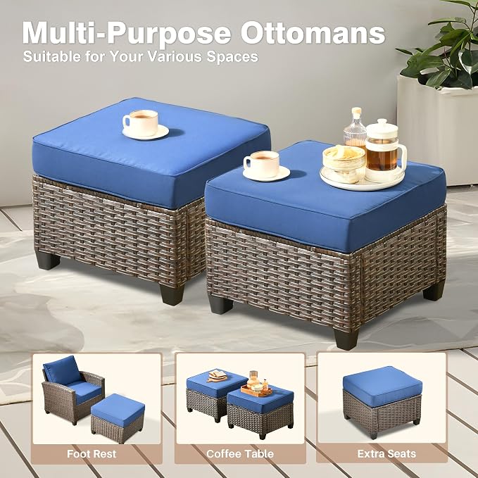 ovios 7 Pieces Patio Furniture Set, Outdoor Wicker Sofa Couch with 4 Chairs Comfy Cushions, All Weather Brown Rattan Conversation Set for Backyard Deck Porch, Navy Blue