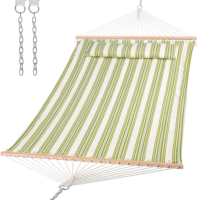 SUNCREAT Hammock 2 Person Heavy Duty, Double Hammocks for Trees, 2 Person Hammock with Spreader Bar, Green&Beige