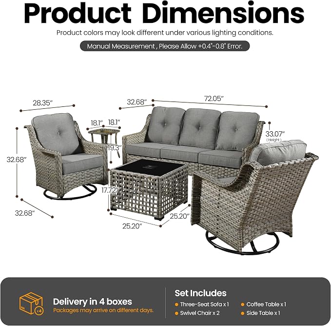 5 PCS Patio Conversation Set, All-Weather Rattan Wicker Outdoor Patio Furniture Sets with High Back Swivel Rocker Chair, Solar Light Coffee Table for Porch,Backyard,Balcony,Dark Grey