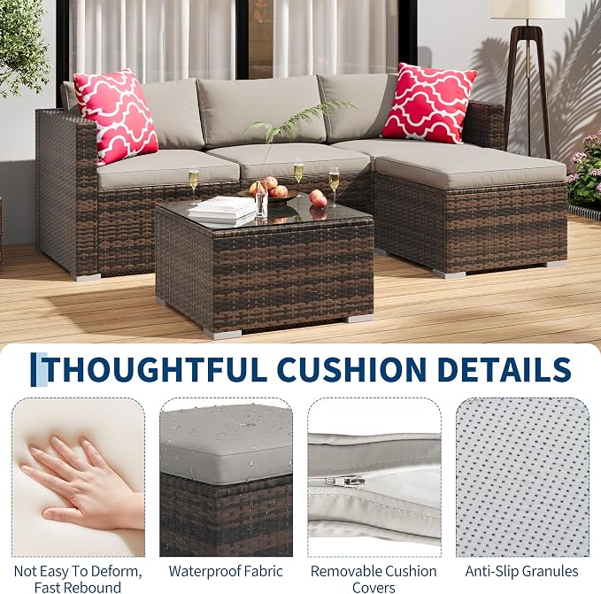PeakPursuit Outdoor Patio Furniture Set, 5 Pieces Rattan Patio Conversation Sets with Glass Coffee Table and Cushion,All Weather Outdoor Patio Sofa for Garden, Poolside, Backyard,Grey