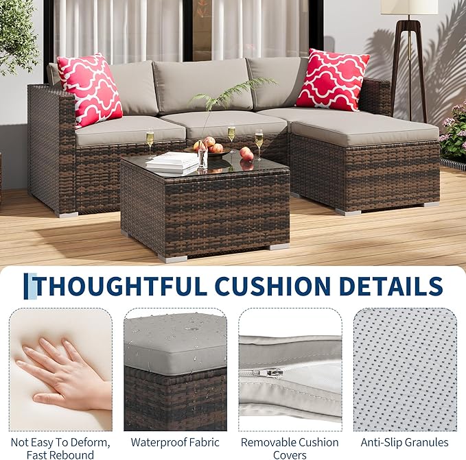 GarveeHome 5 Pieces Patio Sectional Furniture Set, All Weather Wicker Rattan Sectional Sofa, Patio Conversation Set with Cushions and Glass Coffee Table for Backyard Porch Garden Balcony, Grey