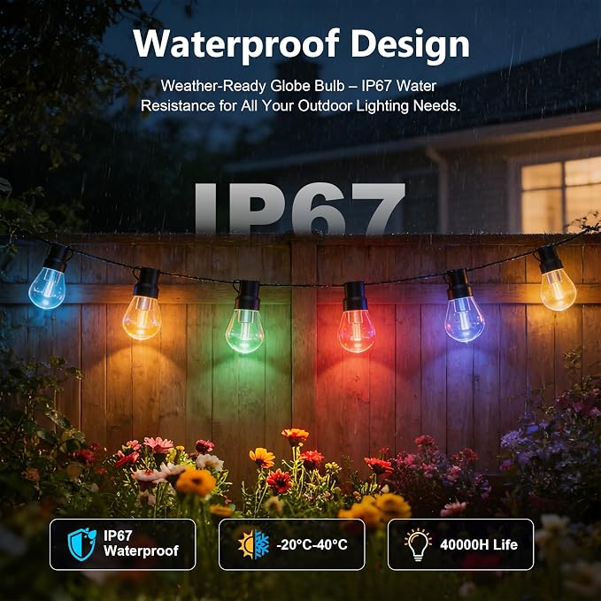 Beizelte Outdoor String Lights, 150FT RGB+IC Outside Light Dimmable Shatterproof LED Bulbs, IP67 Waterproof Chasing Effect Lighting DreamColor Patio Strip Lights for Backyard, Balcony, Outdoor Living