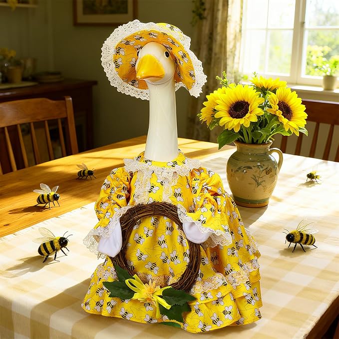Soulchen 1 Set Summer Bee Porch Goose Outfit with Wreath 23 Inch Cement Goose Clothes Dress and Hat Costume Set for Spring Summer Holiday Lawn Garden Yard Decor