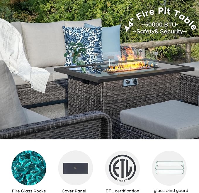 12 Seats Outdoor Patio Furniture Set with Fire Pit Table, High Back Swivel Chairs Conversation Sets With Ergonomic Backrest, Wicker Sectional Sofa with Gilder Chair for Yard Garden Porch, Beige