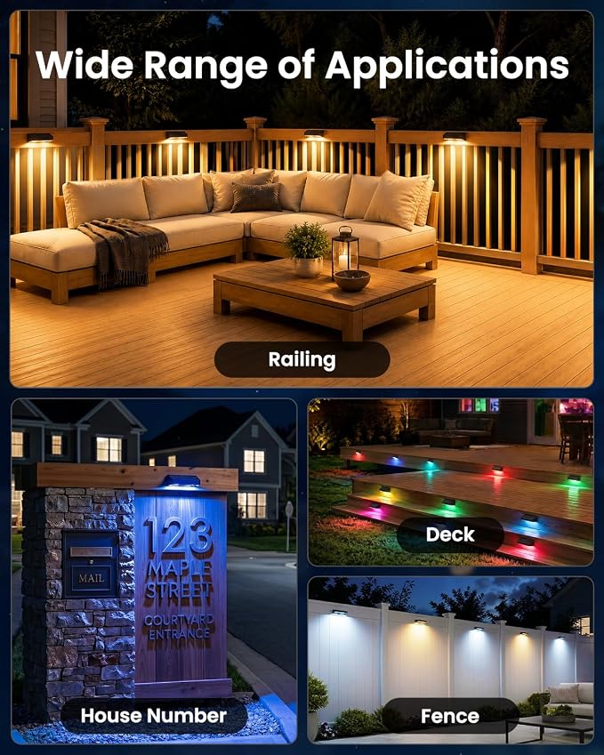 JOFIOS Fence Lights Solar Powered, 9 Fixed Colors ＆ Color Changing Solar Lights for Fence Waterproof IP65 Dusk-to-Dawn LED Deck Lighting for Patio, Railing, Pool, Porch, Backyard, Wall, 12 Pack