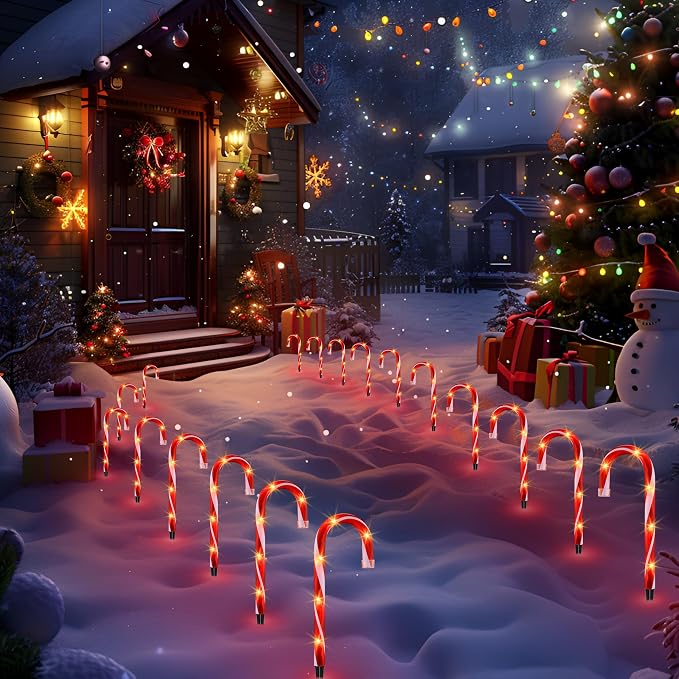 10 Pack Candy Cane Pathway Lights, Light Up Outdoor Christmas Decoration | 10 In Tall, Waterproof, UL Listed, 11ft Total Length, for Driveway, Walkway, Garden, Yard, Indoor & Outdoor Christmas Decor