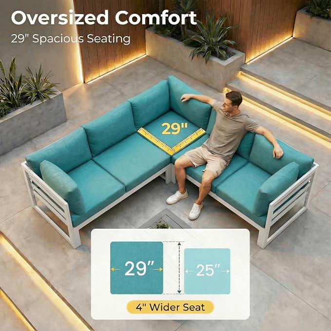 NICESOUL 17 Piece Extra Large Aluminum Outdoor Furniture Set with Fire Pit Table Propane/Gas, Rust-Proof Luxury Patio Sectional with Coffee Table, Comfortable Conversation Sofa for Outside Yard, Teal