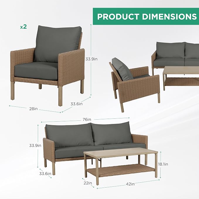 4-Piece Wicker Patio Furniture Set, Outdoor Conversation Set with Coffee Table and Removable Thickened Cushions, Modern Sectional Sofa for Backyard, Garden & Lawn, Grey