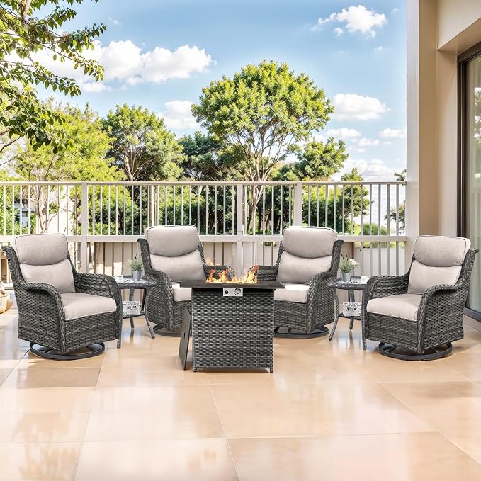 Outdoor Swivel Rocker Patio Chairs Set of 4 with Fire Table - 5" Thick Cushion 6 Piece Furniture Set with Fire Pit Table All Weather Wicker Conversation Set for Porch Deck - Gray/Beige