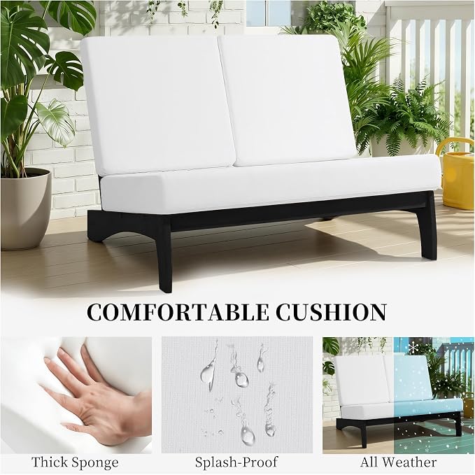 All Weather Patio Furniture Sets, 4 Pieces Black Wood Outdoor Sectional Futniture Patio Sofa Chair Backyard Conversation Set with Solid Wooden Coffee Table - Beige