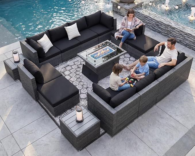 NICESOUL 15 Piece Patio Furniture Set with Fire Pit Table, 29.3'' High Back Large Outdoor Sectional with Firepit, Sturdy Deep Seating Conversation Set, Gray Rattan & Black Cushion
