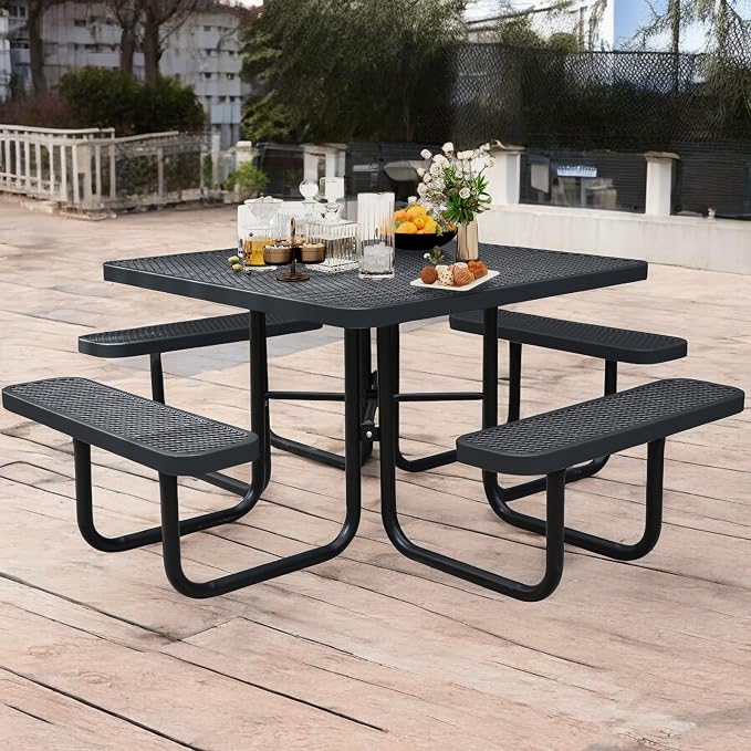 46" Square Picnic Table for Outside,Heavy Duty Metal Picnic Table Bench Set with 2in Umbrella Hole, 1600 lb Capacity,Commercial Dining Table Furniture for Garden Yard Patio Party Coffee Shop