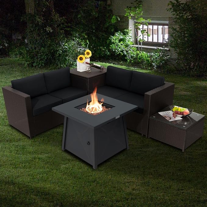 Tangkula 5 Piece Patio Furniture Set with 50,000 BTU Propane Fire Pit Table, Outdoor Wicker Conversation Set w/Cushions, Storage Box and Tempered Glass Coffee Table, 30" Gas Fire Pit Table (Black)