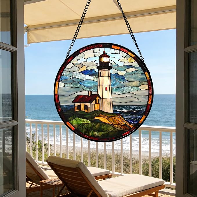 DASTOLL Stained Glass Window Hanging, Ocean Lighthouse Sun Catchers Glass Panel Blue Green Suncatcher Decor for Birthday for Women, Men, Wife, Aunt, and Mom 6.3 in