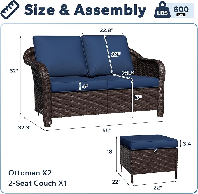Outdoor Sectional Sofa Set | 55" 2-seat Outdoor Couch with 2 Ottomans, Outside Wicker Furniture with Removable Cushions for Bistro, Deck, Porch, Sunroom (Navy Blue)